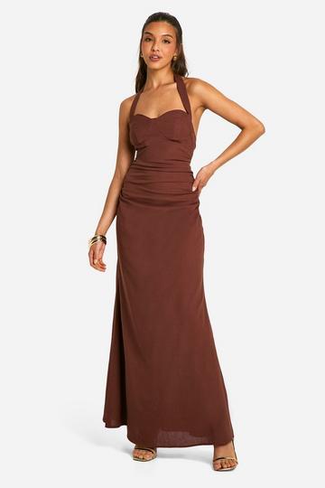 Ruched Halterneck Maxi Dress chocolate