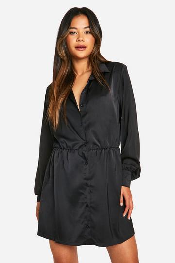 Satin Shoulder Pad Shirt Dress black