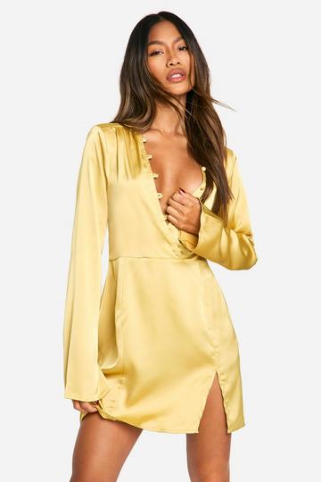 Gold Metallic Satin Button Detail Mini Dress