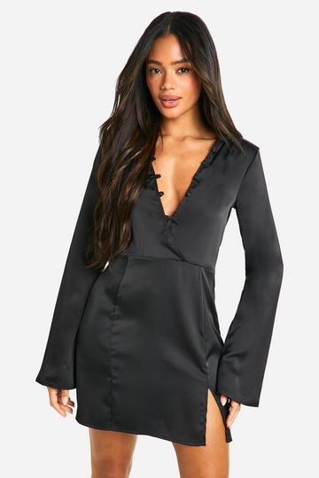 Satin Button Detail Mini Dress black