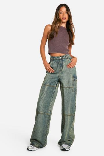 Tall Vintage Wash Wide Leg Jeans Met Panelen green