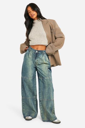 Petite Vintage Wash Wide Leg Jeans Met Panelen vintage wash