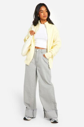 Petite Turn Up Hem Fray Wide Leg Jean brown