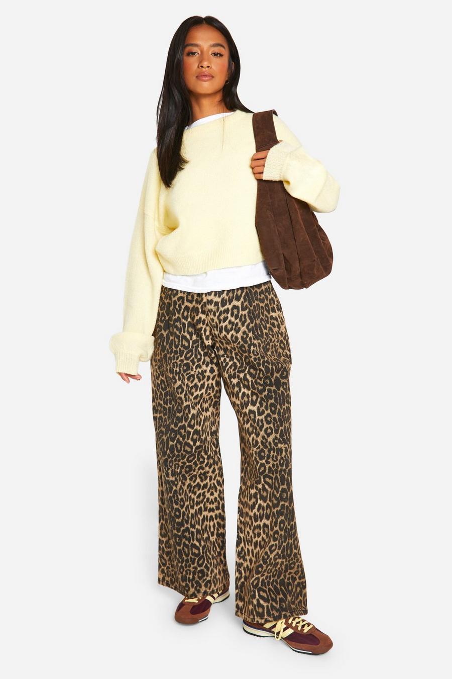 Petite Faded Denim Leopard Print Wide Leg Jean | boohoo Petite Faded Denim Leopard Print Wide Leg Jean | boohoo