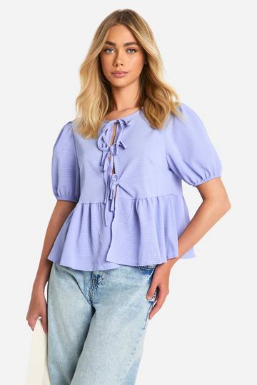 Textured Tie Front Puff Sleeve Smock Top blue