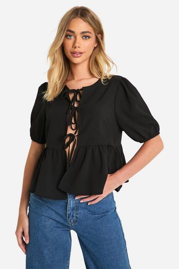 Textured Tie Front Puff Sleeve Smock Top black