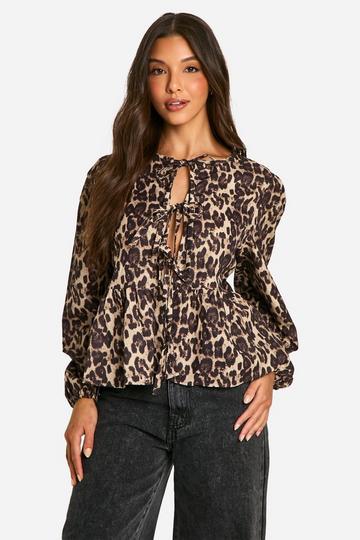 Multi Leopard Tie Front Puff Long Sleeve Smock Top