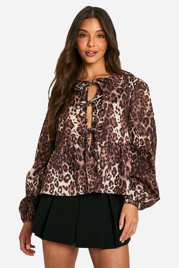 Dark Leopard Tie Front Puff Long Sleeve Smock Top leopard