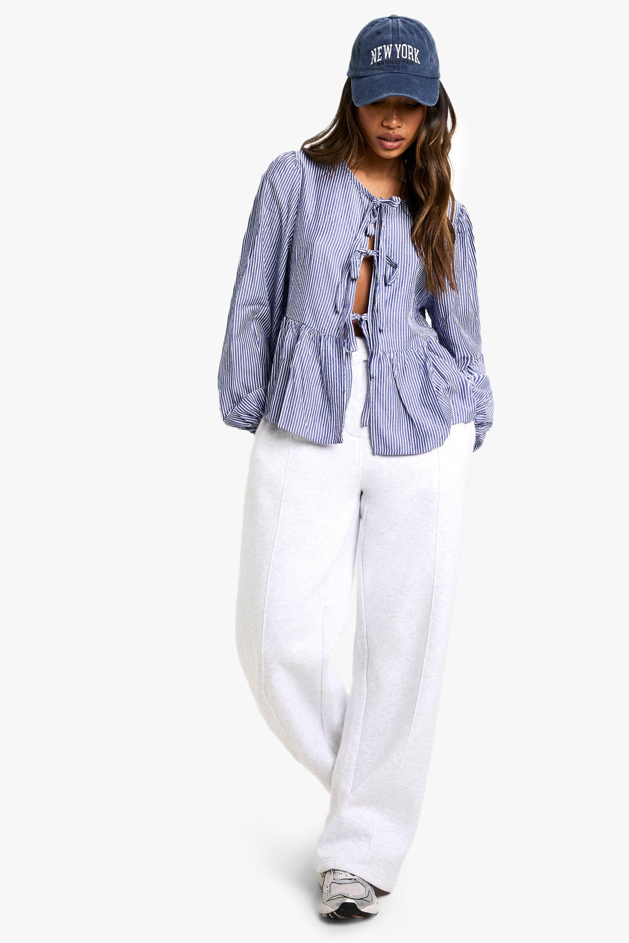 Navy Pinstripe Tie Front Puff Long Sleeve Smock Top | boohoo USA