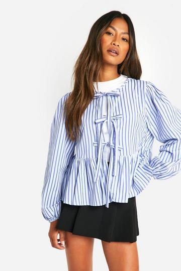 Blue Blue Stripe Tie Front Puff Long Sleeve Smock Top