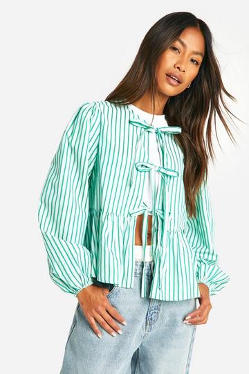 Green Stripe Tie Front Puff Long Sleeve Smock Top green