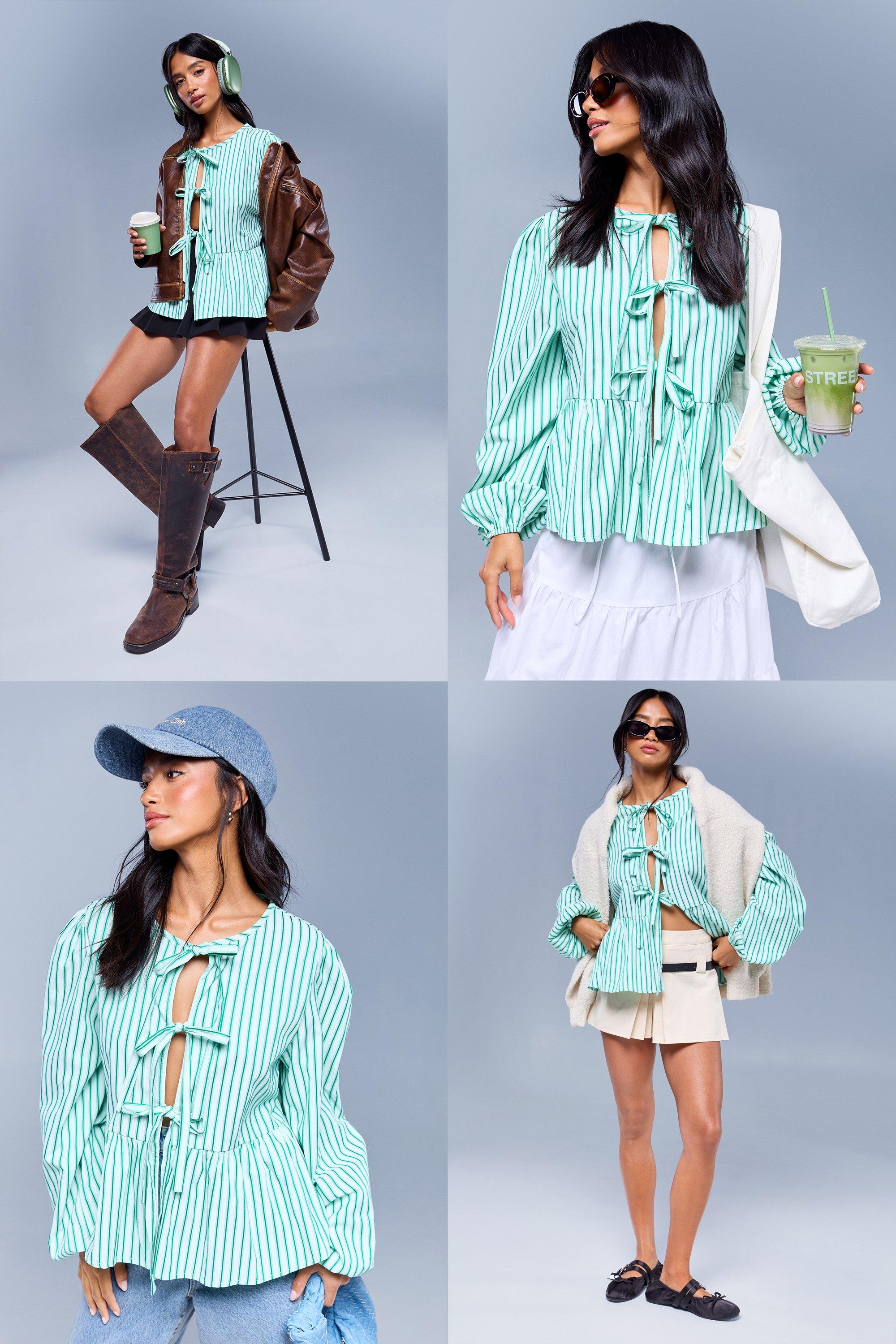 Boohoo Women s Green Stripe Tie Front Puff Long Sleeve Smock Top Green