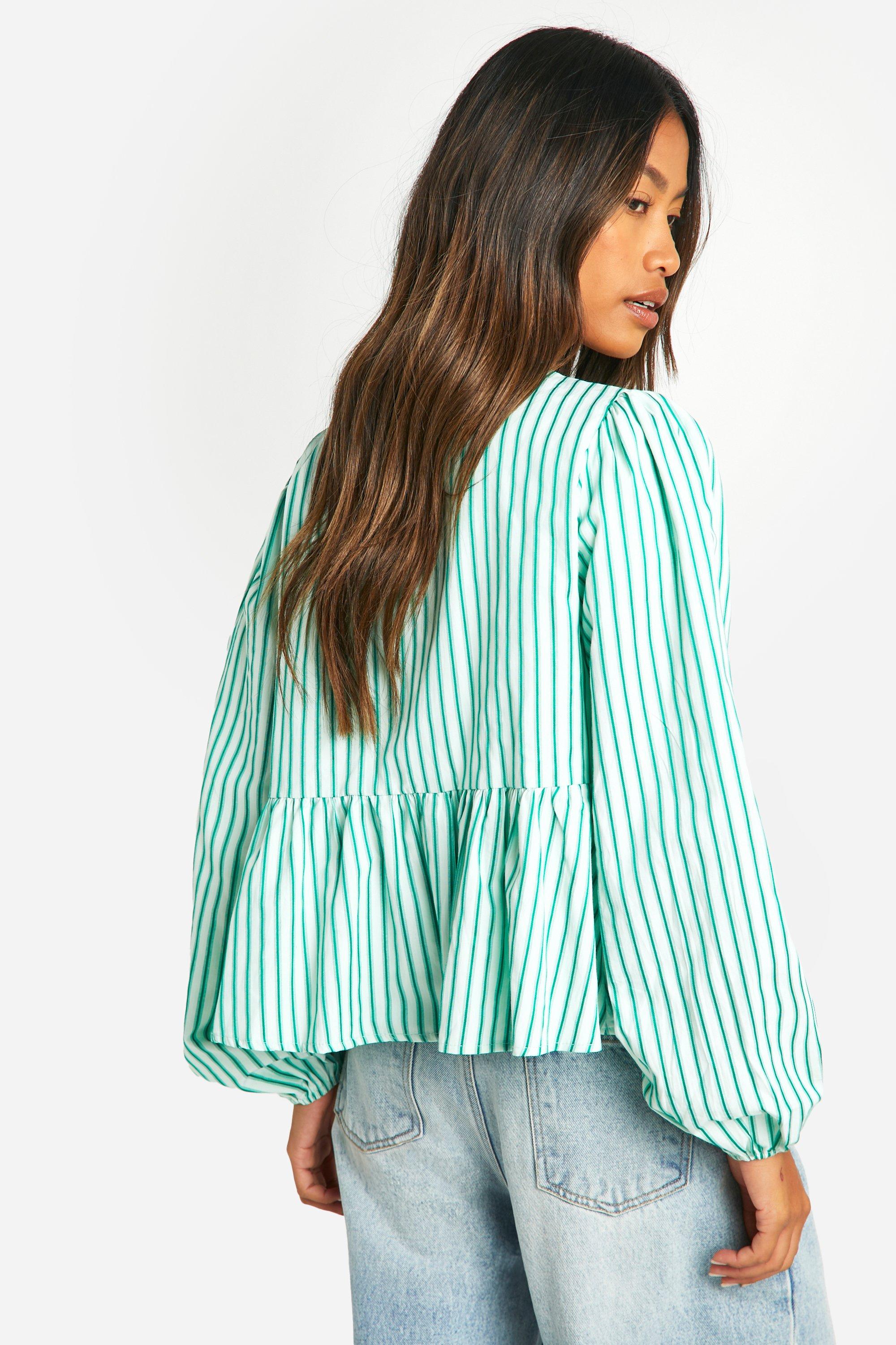 Boohoo Women s Green Stripe Tie Front Puff Long Sleeve Smock Top Green