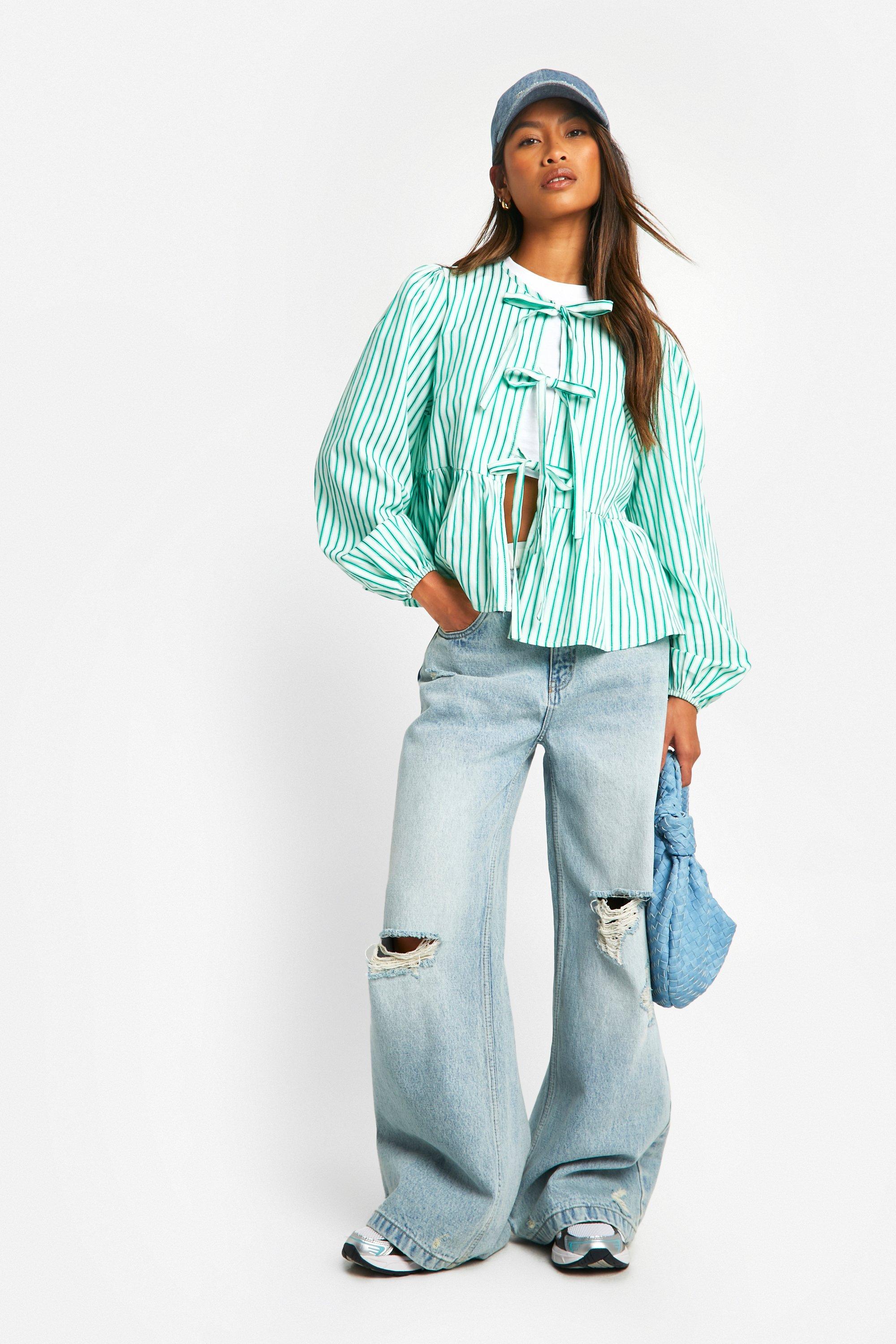 Boohoo Women s Green Stripe Tie Front Puff Long Sleeve Smock Top Green