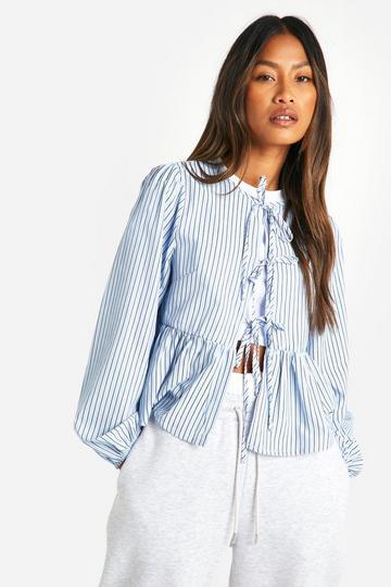 Blue Blue Stripe Tie Front Puff Long Sleeve Smock Top