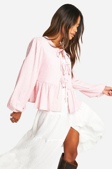 Pink Stripe Tie Front Puff Long Sleeve Smock Top pink