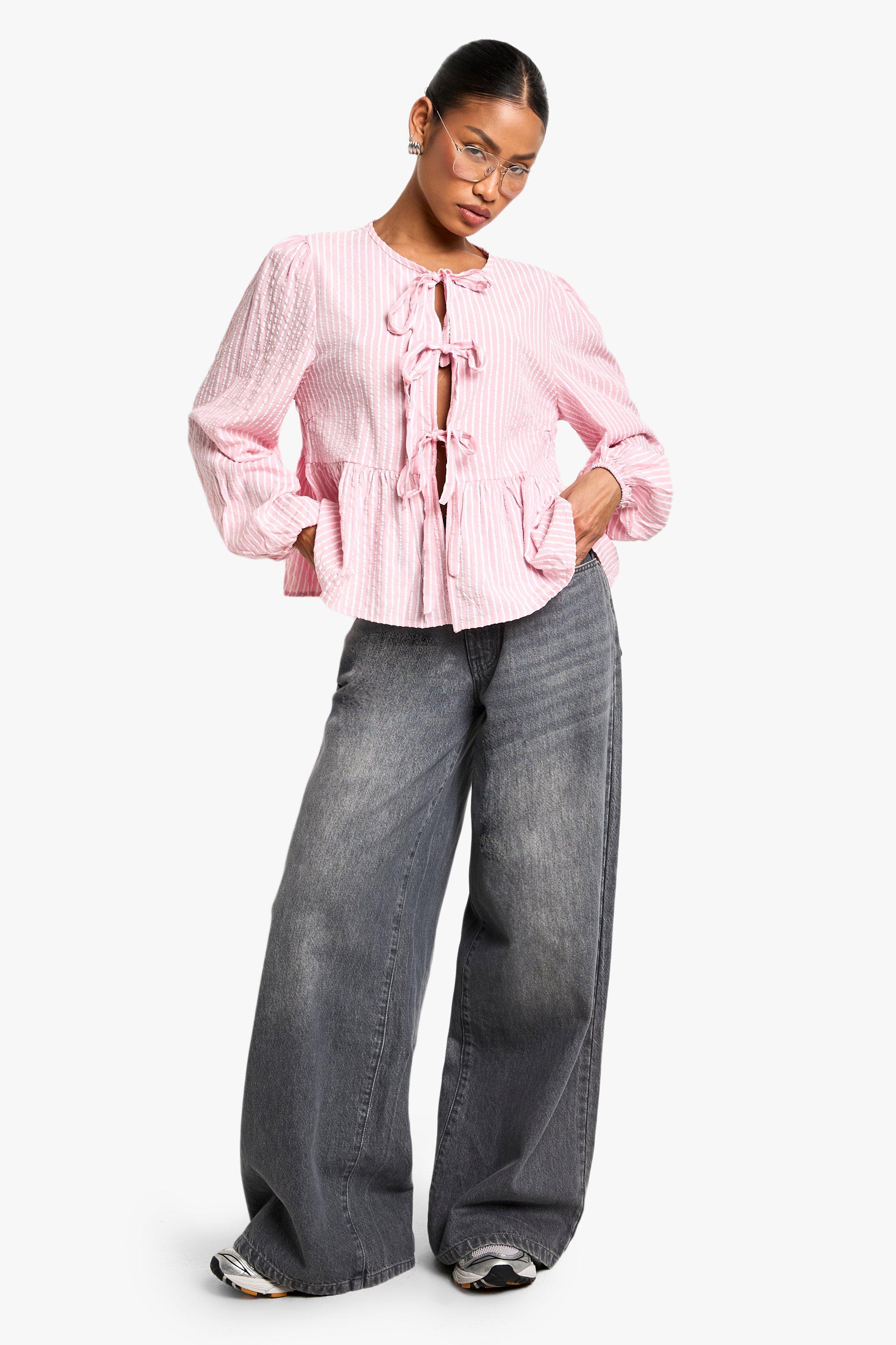 Pink Stripe Tie Front Puff Long Sleeve Smock Top | boohoo USA Pink Stripe Tie Front Puff Long Sleeve Smock Top | boohoo USA