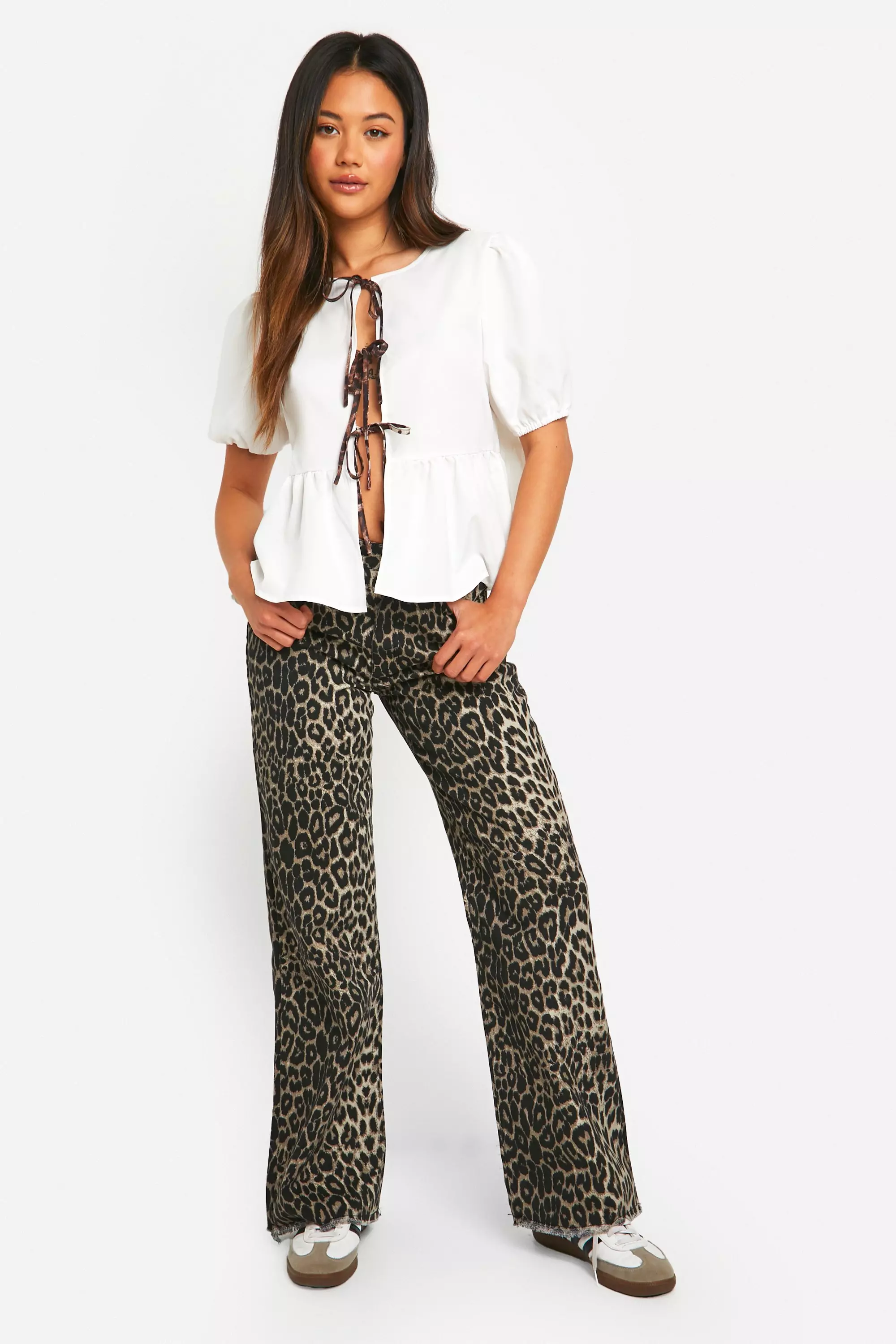 White Contrast Leopard Tie Bow Top   alternative image