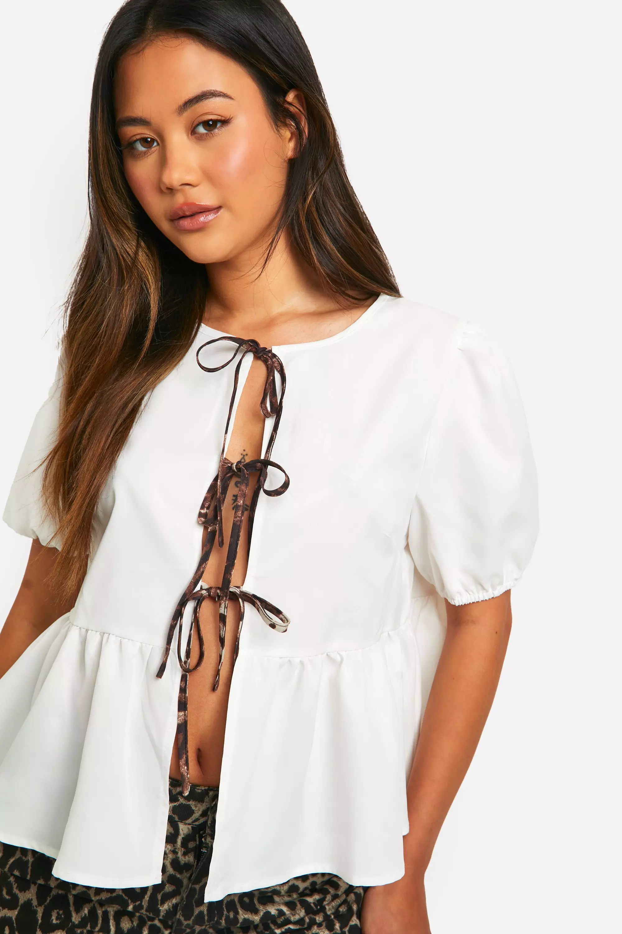 White Contrast Leopard Tie Bow Top   alternative image