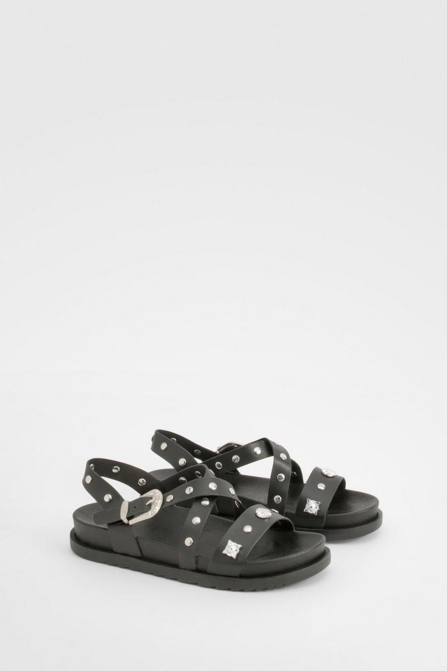 Black Western Studded Footbed Sandals 