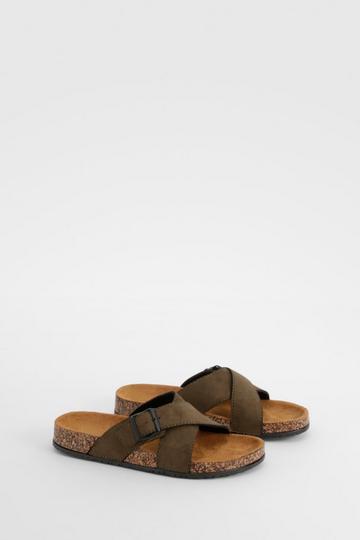 Crossover Strap Footbed Sliders khaki