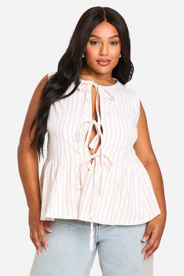 Plus Tie Front Sleeveless Stripe Top white