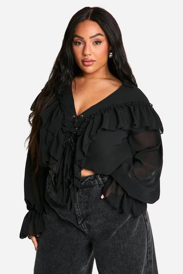 Plus Lace Up Front Ruffle Blouse black