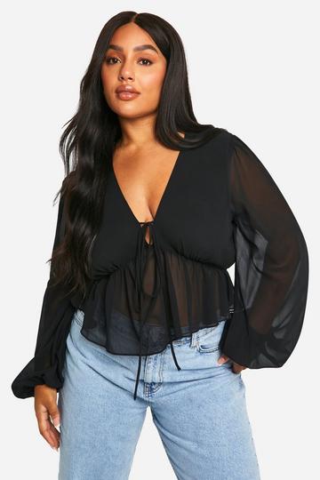 Plus Tie Front Peplum Blouse black