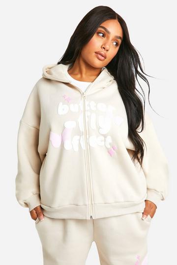 Plus Butterfly Effect Puff Print Zip Through Oversized Hoodie stone