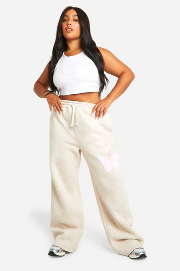 Stone Beige Plus Butterfly Puff Print Straight Leg Jogger