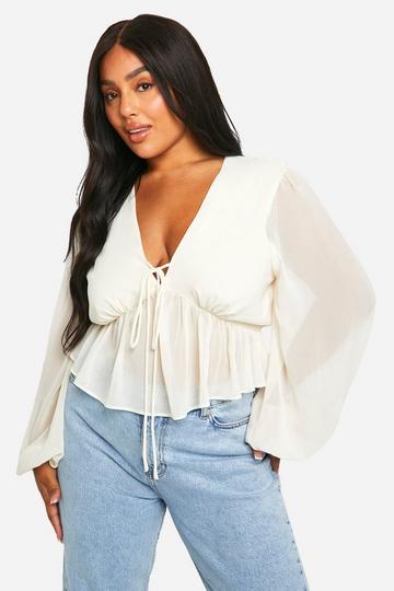 Plus Tie Front Peplum Blouse ivory