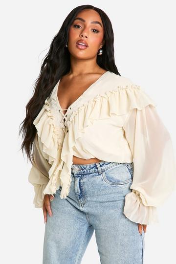 Plus Lace Up Front Ruffle Blouse ivory