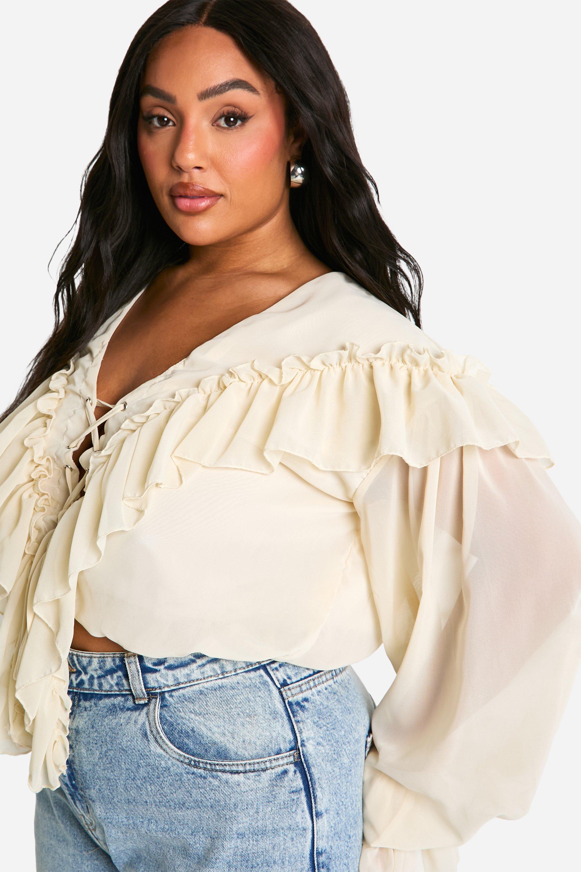 Ruffle front blouse plus size online