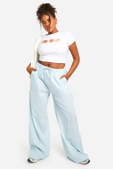 Plus Elasticated Waist Gingham Pants baby blue