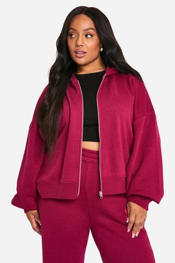 Burgundy Red Plus Wardrobe Essentials Bubble Boxy Crop Zip Through Hoodie