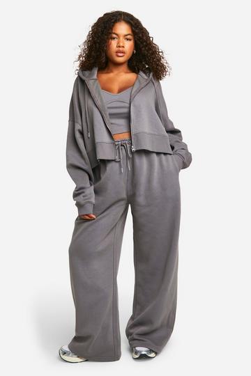 Plus 3-Delig Trainingspak Met Crop Top Met Naaddetail En Capuchon charcoal