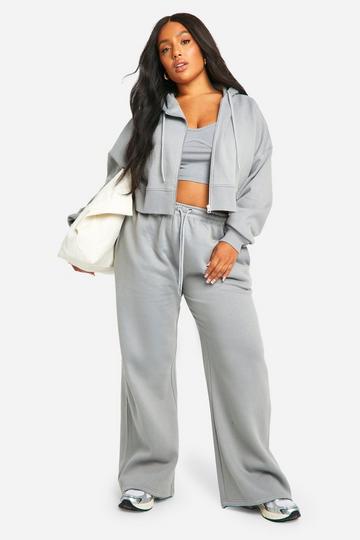 Sage Green Plus Seam Detail Crop Top 3 Piece Hooded Tracksuit