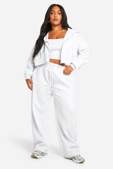 Plus Deep Hem Crop Top 3 Piece Hooded Tracksuit ash grey