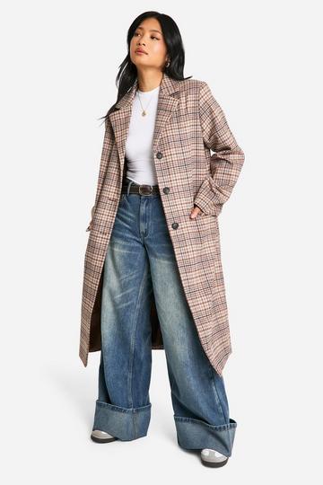 Stone Beige Petite Check Wool Look Longline Coat