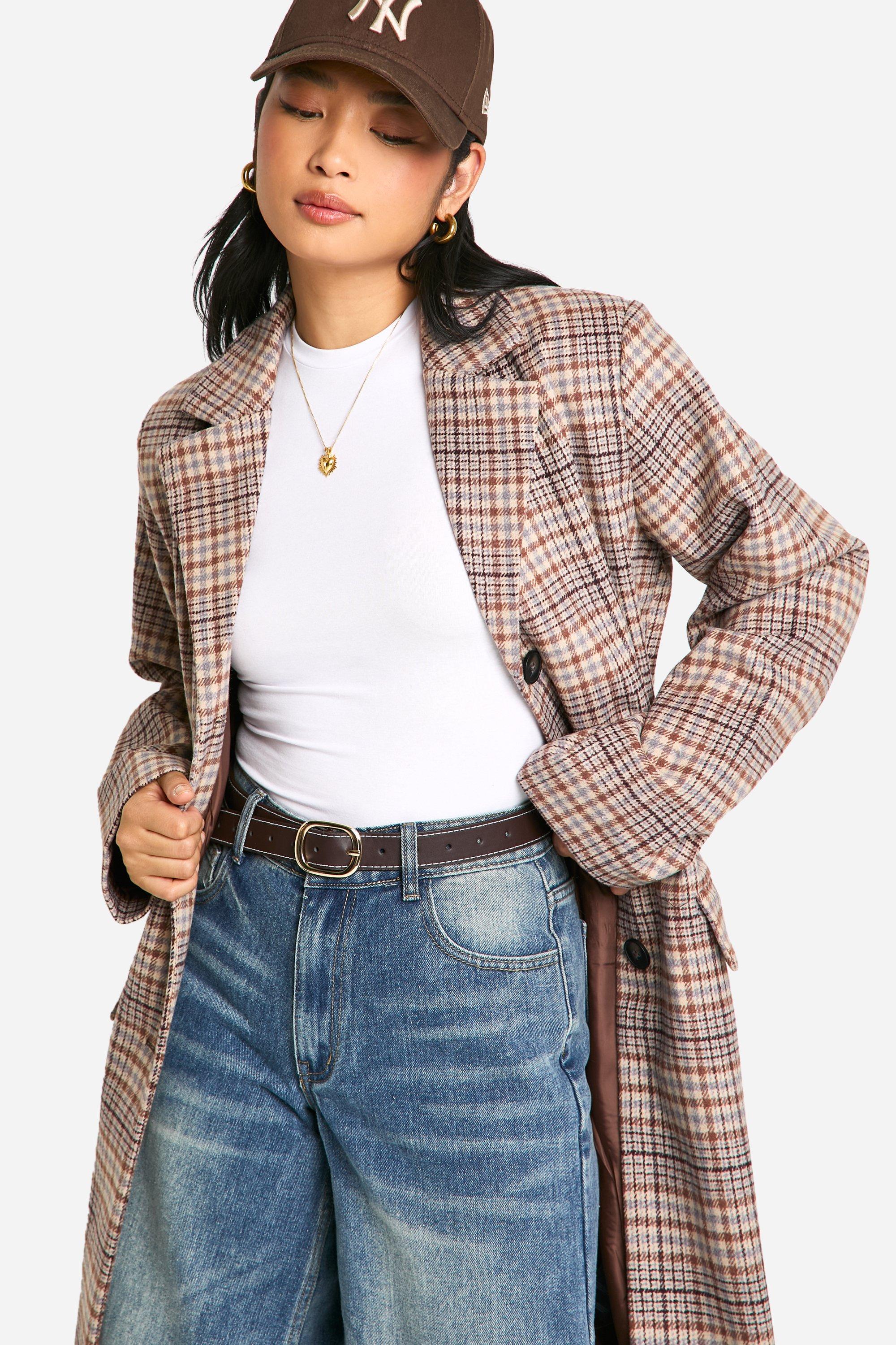 Petite Check Wool Look Longline Coat boohoo