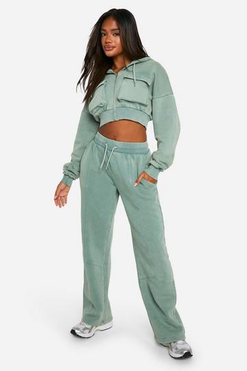 Washed Cargo Pocket Boxy Crop Hooded Tracksuit khaki