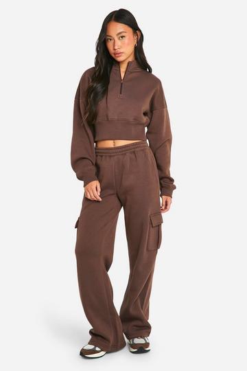 Deep Hem Sweatshirt And Turnover Waistband Straight Leg Cargo Tracksuit chocolate