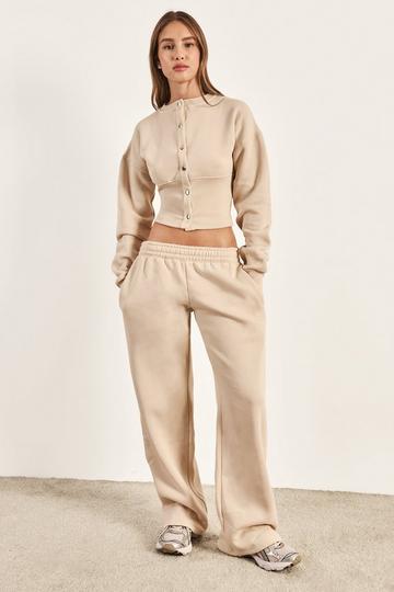 Popper Detail Deep Hem Bomber Sweatshirt Tracksuit ecru