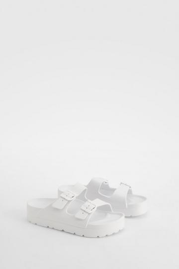 White Double Buckle Flatform Sliders