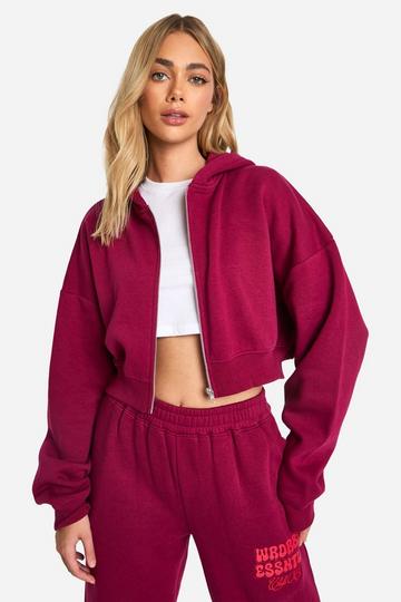 Wardrobe Essentials Bubble Boxy Crop Zip Through Hoodie burgundy