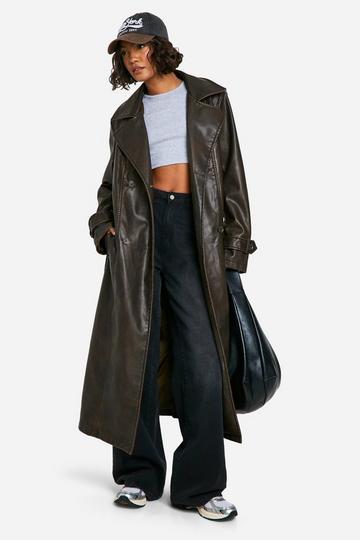 Tall Vintage Look Faux Leather Trench Coat chocolate