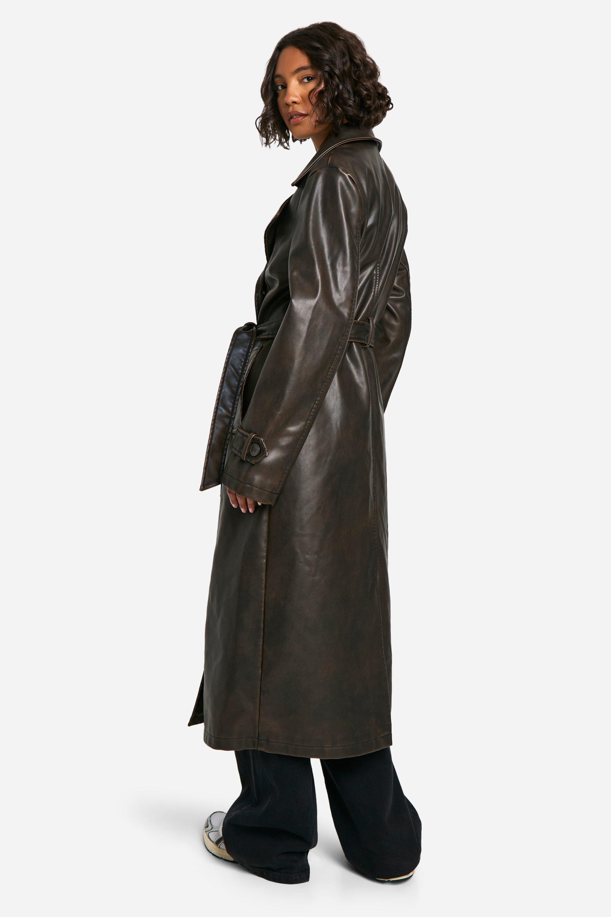 Boohoo Women s Tall Vintage Look Faux Leather Trench Coat Brown