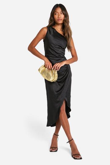 Black Satin Asymmetric Midaxi Dress