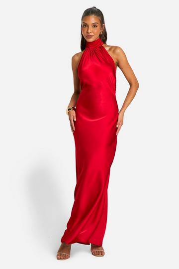 Red Satin Drape Maxi Dress