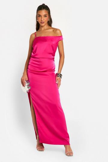 Satin Asymmetric Bardot Maxi Dress hot pink